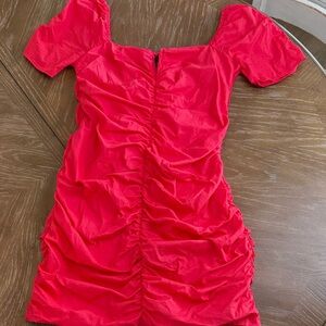 Sanctuary Split Square Neck Short Puff Sleeve  Minidress in coral pink color